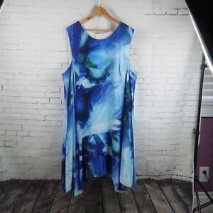 JULIA JORDAN BLUE TROPICAL SLEEVELESS ROUND NECK ASYMETRICAL HEM SHIFT DRESS